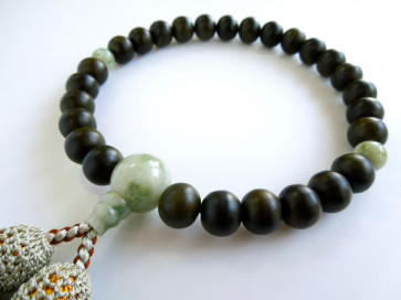 Lignum Vitae & Serpentine 10mm beads short Nenju with sky green tassels