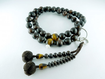 Striped ebony & Tiger's eye 10mm beads Jodo Buddhism Nenju with dark brown knot ball tassels