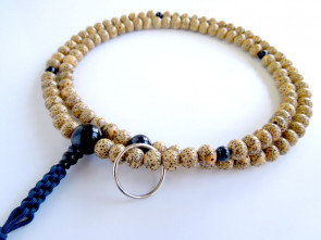 Seigetsu Linden tree seeds & Hawk's eye 7mm beads Soto School Nenju with iron blue strings & a silver ring