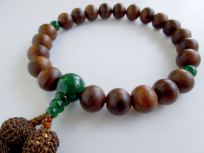 Chinaberrywood & Aventurine 12mm beads short Nenju with light brown tassels