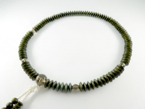 Lignum Vitae & Smoky quartz 12mm flat beads Tendai School Nenju with white knot ball tassels