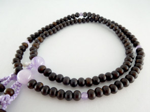 Striped ebony & Lavender amethyst 5mm beads Shingon Buddhism Nenju with crocus knot ball tassels