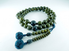 Lignum Vitae & Hawk's eye 10mm beads Jodo Buddhism Nenju with iron blue knot ball tassels